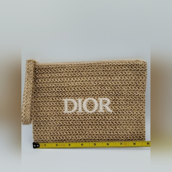 DIOR Raffia Woven Trousse Pouch Wristlet Natural Straw Logo Cosmetic Bag NIB